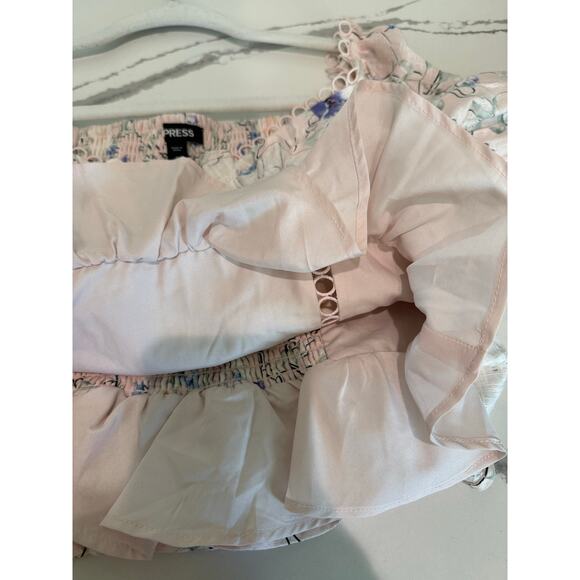 Express Women’s Pink Floral Boho Peasant Ruffle Long Sleeve Crop Top Medium M - Picture 13 of 16